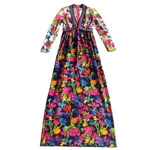 Goldworm Vintage Colorful Floral Print Maxi Dress Mod 1960s Long Sleeve Size 8